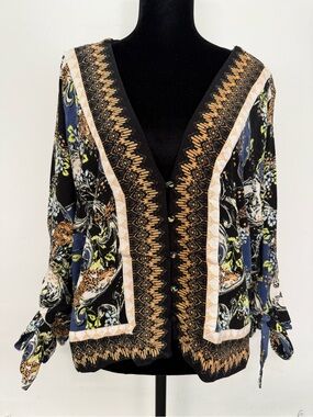 Free People Catch Me If You Can Floral Print Button-Front Blouse with Gold Trim